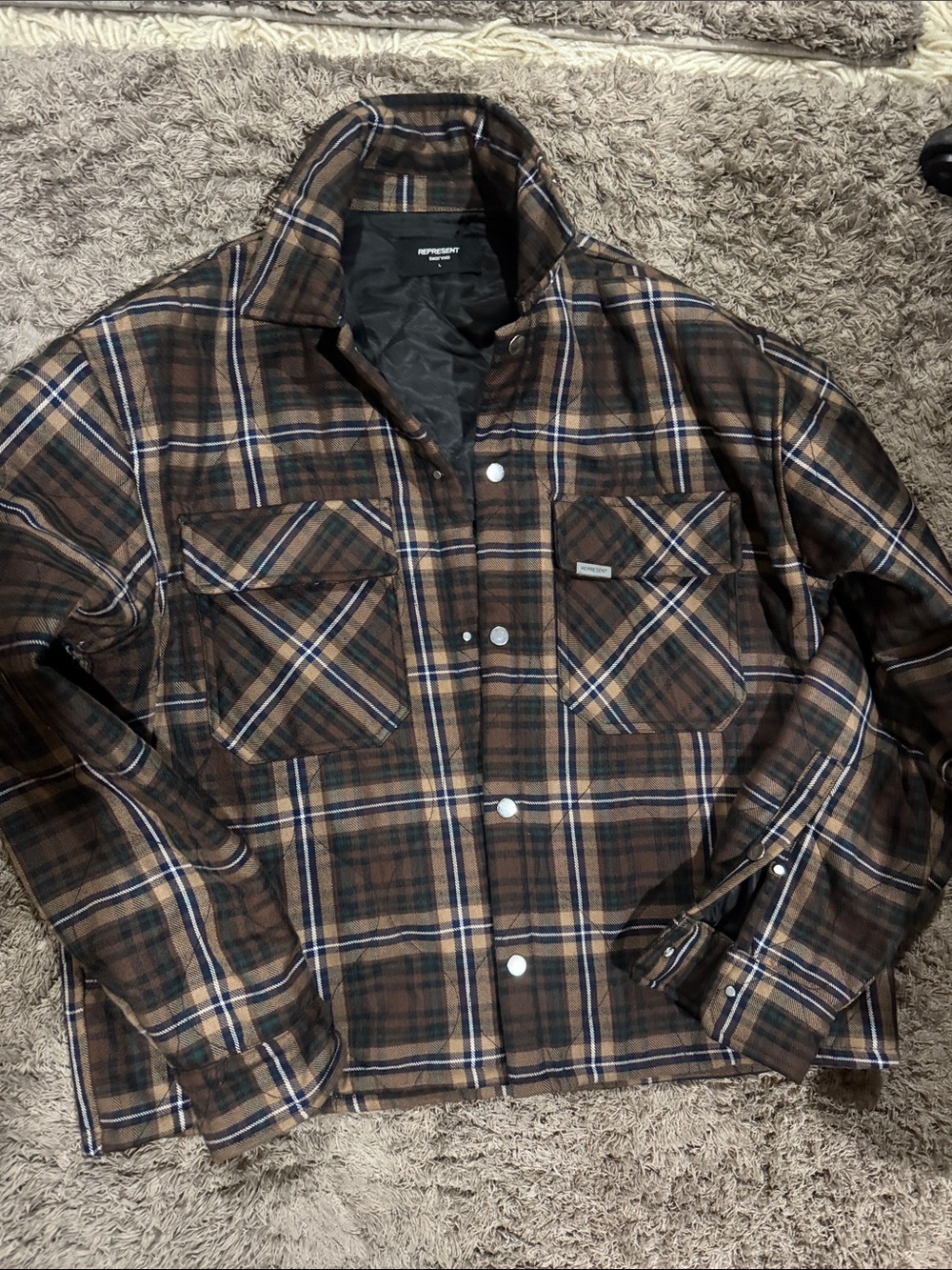 Represent flannel cropped Men's Brown Plaid Lightweight Shirt Jacket - Unbranded